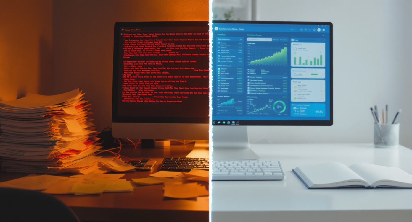 Comparaison avant-après d'un poste de travail PME : chaos administratif à gauche versus automatisation IA organisée à droite.