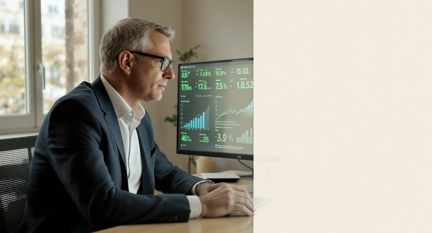 Dirigeant de PME parisienne analysant les résultats d'un projet IA sur écran dans un bureau moderne lumineux.