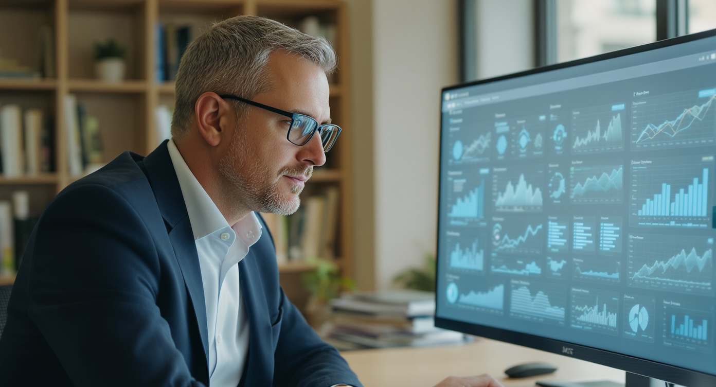 Dirigeant de PME consultant un tableau de bord IA sur son ordinateur, illustrant la mémoire organisationnelle assistée par intelligence artificielle.