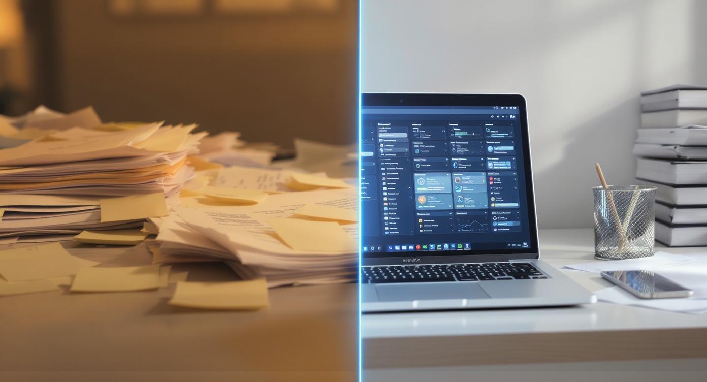Comparaison avant-après montrant une PME désorganisée sans IA à gauche et une PME avec mémoire IA structurée à droite.