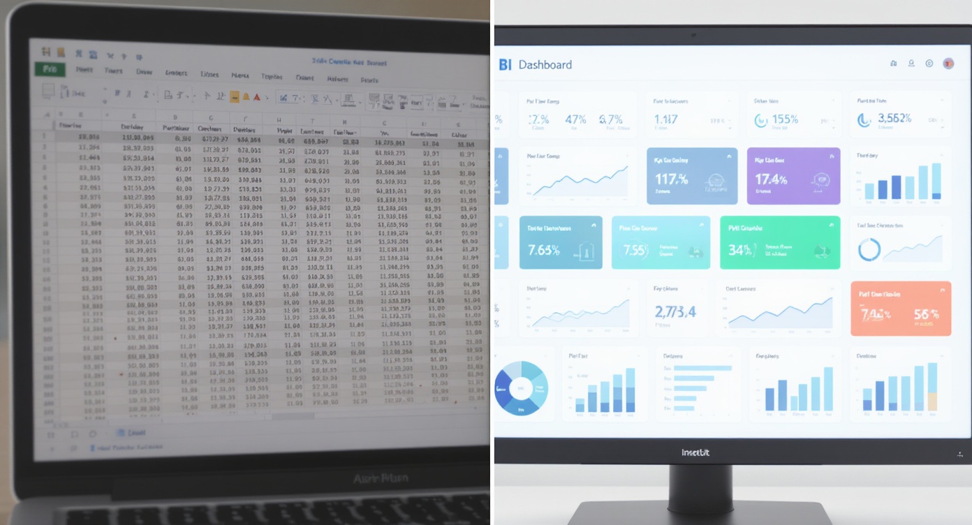 Comparaison entre un tableur Excel surchargé et un tableau de bord BI moderne en temps réel pour PME.