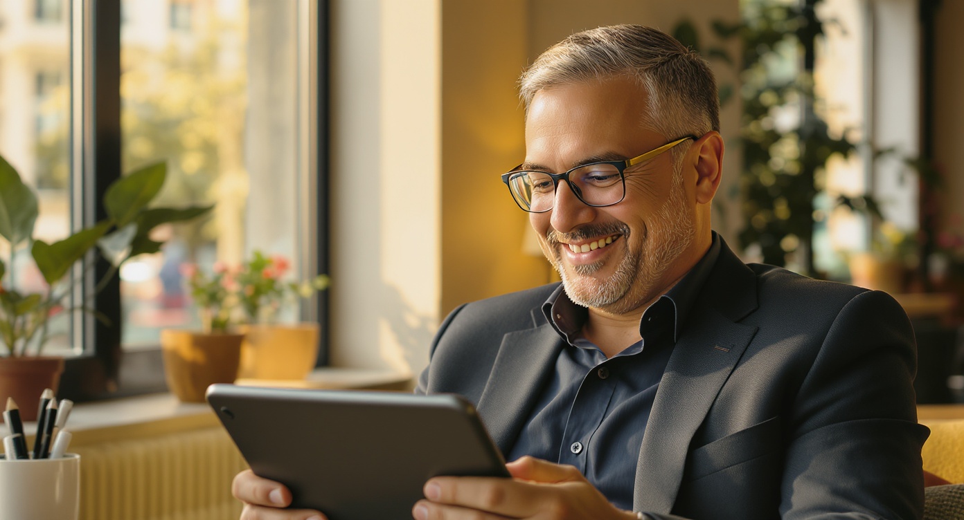 Dirigeant de PME souriant consultant son tableau de bord en temps réel sur une tablette dans un coworking parisien.