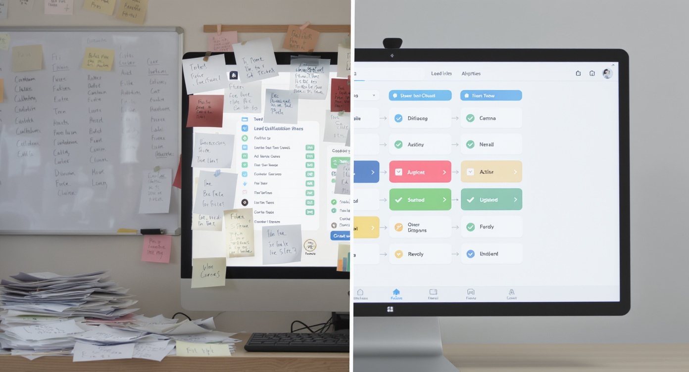 Tableau de bord d'un agent IA en pilote automatique sur un ordinateur portable posé sur un bureau de PME avec carnet et café.