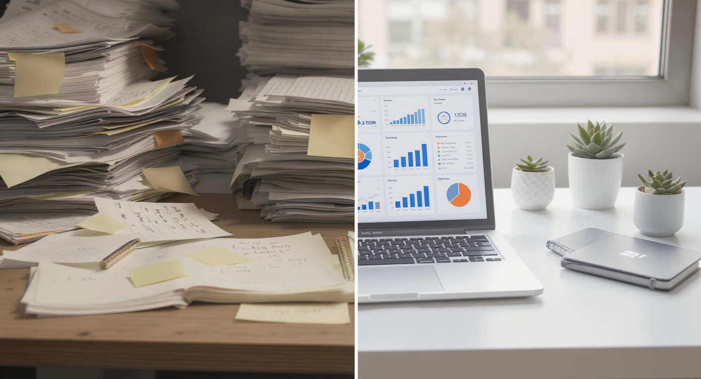 Comparaison entre un processus manuel désorganisé à gauche et un espace de travail optimisé par l'IA à droite.