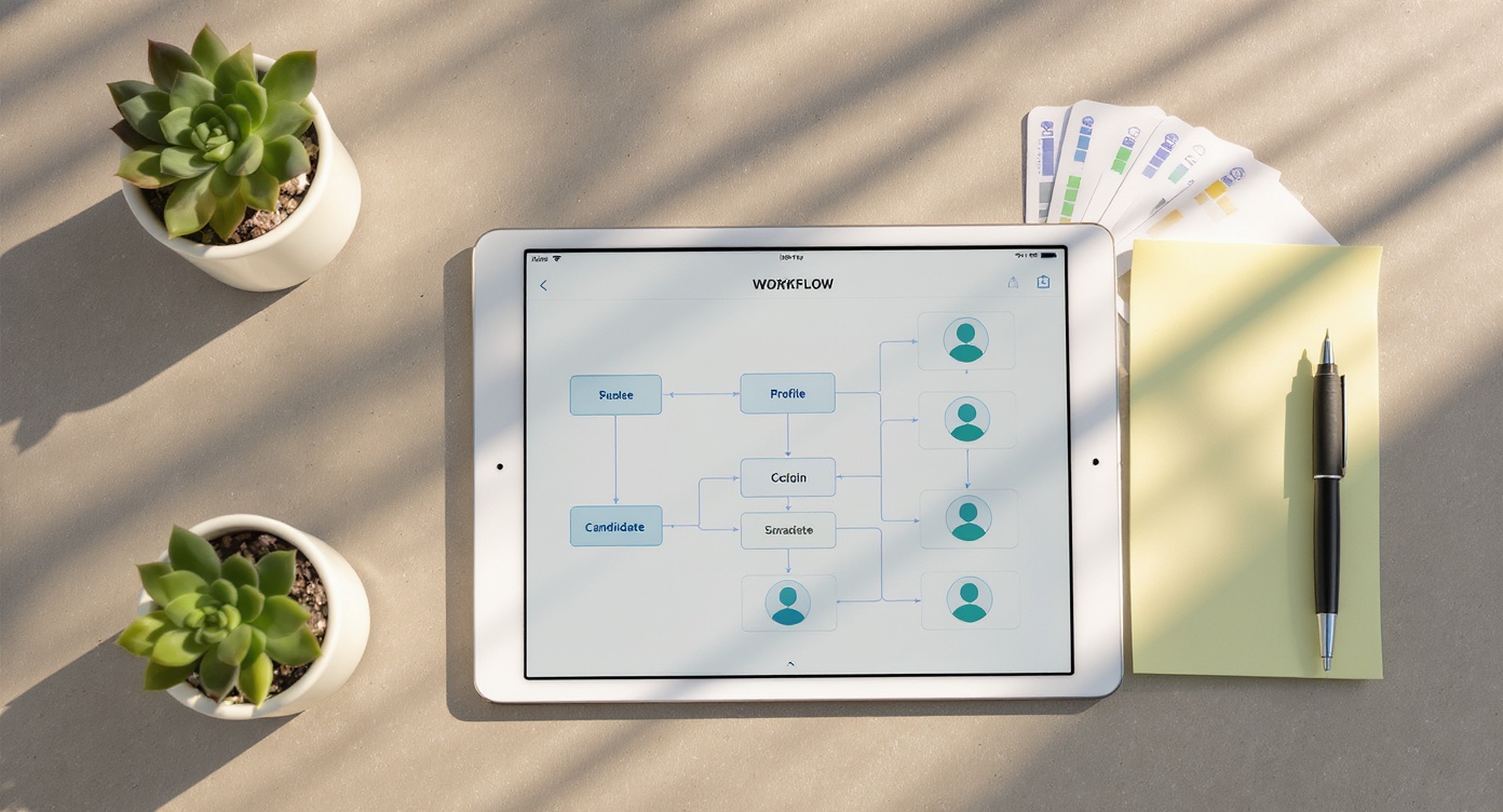 Tablette affichant un workflow IA de recrutement entourée de fiches candidats imprimées et d'un bloc de post-its sur un bureau de startup.