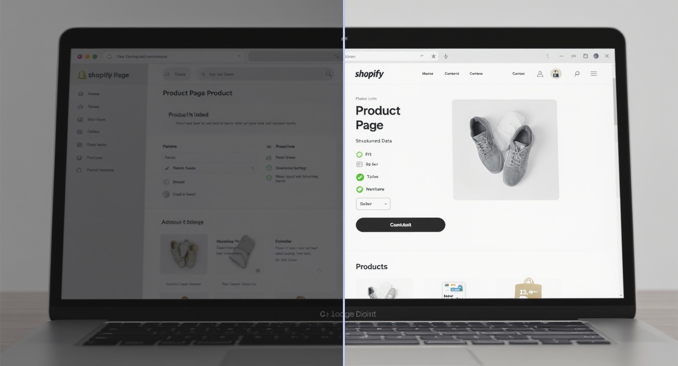 Comparaison visuelle entre une page Shopify non optimisée et une page optimisée pour le référencement SEO AEO et GEO.