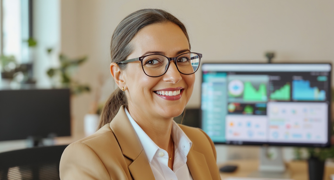 Consultante PME satisfaite de sa stratégie de référencement SEO AEO et GEO Shopify, bureau moderne Paris.